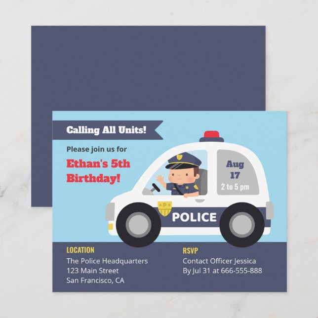 Invitación Chico Oficial Lindo en Cumpleaños de Auto de Polic (Anverso / Reverso)
