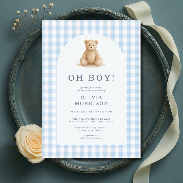 Invitación Chico Oso Azul Gingham Baby Shower (Subido por el creador)