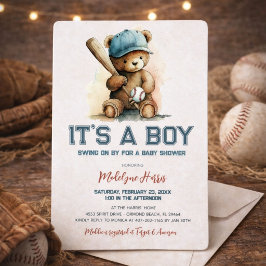 Invitación Chico Oso de Peluche Béisbol Acuarela Baby Shower 