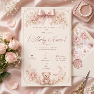Invitación Chico Oso de Peluche Rosa Elegante Baby Shower