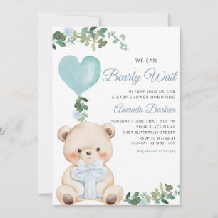 Invitación Chico Oso Teddy Boho Azul Apenas Espera Baby Showe
