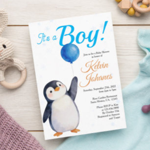 Invitación Chico Pingüino Globo Azul Aquarela Baby Shower