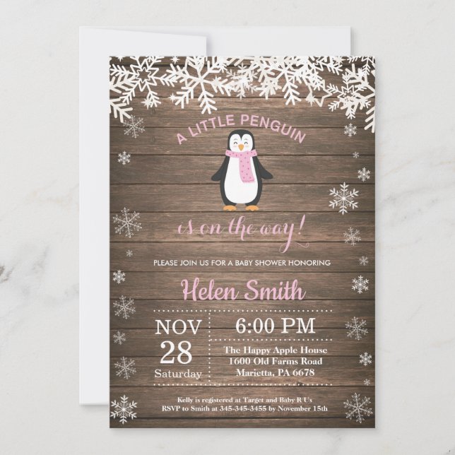 Invitación Chico Pingüino Rústico Copo de Nieve de Invierno B (Anverso)