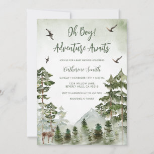 Invitación Chico Pino Árbol Ciervo Montaña Bosque Baby Shower