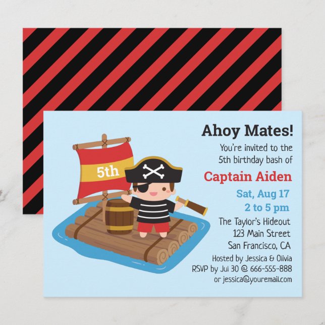 Invitación Chico Pirata Lindo en Cumpleaños de Balsa de Barco (Anverso / Reverso)