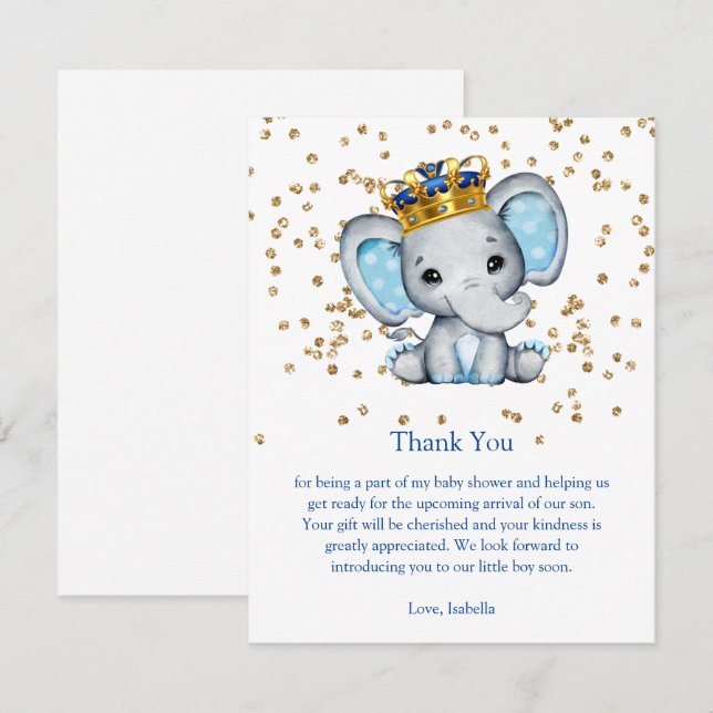 Invitación Chico Prince Azul Real Elefante Oro Baby Shower (Anverso / Reverso)