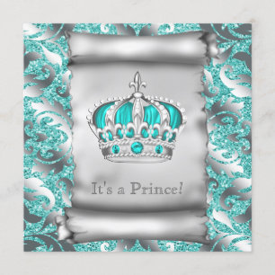 Invitación Chico Príncipe Azul Turquesa y Plateado Baby Showe
