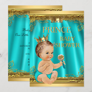 Invitación Chico Príncipe Baby Shower Aqua Azul Teal Moreno b