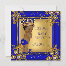 Invitación Chico Príncipe Baby Shower Dorado Azul Afroamerica