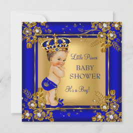 Invitación Chico Príncipe Baby Shower Oro Azul Morena