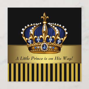 Invitación Chico Príncipe Bebé Azul Marino Negro y Dorado Duc