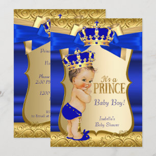 Invitación Chico Príncipe Fiesta de Bebé Azul Oro Damask More