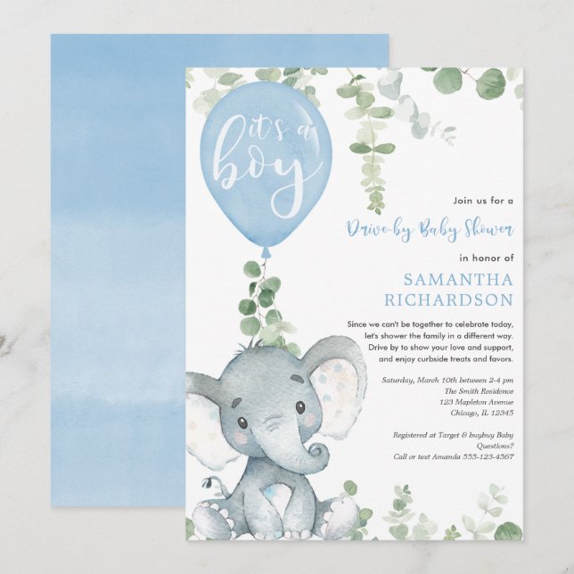 Invitación Chico que conduce ducha linda elefante verde (Anverso / Reverso)