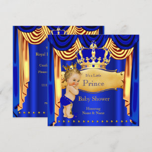 Invitación Chico Real Bebé Cumpleaños Azul Corona Dorada Rubi
