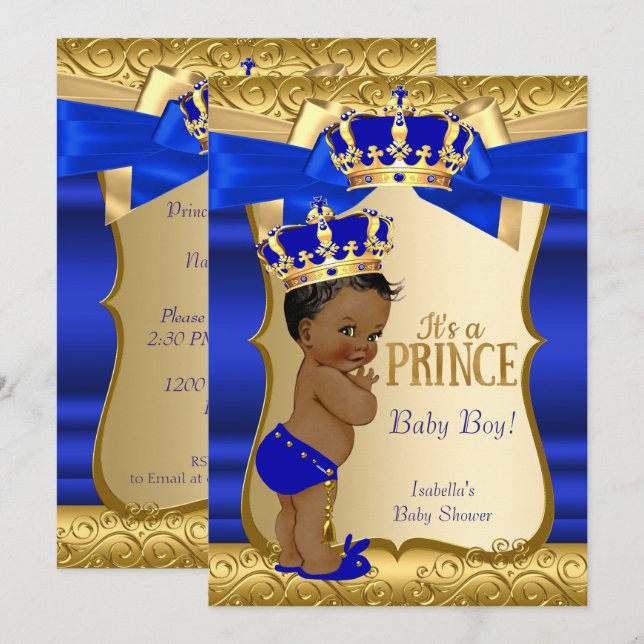 Invitación Chico Real Bebé Cumpleaños Azul Oro Damask Étnico (Anverso / Reverso)