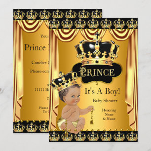 Invitación Chico Real Bebé Cumpleaños Negro Dorado Moreno