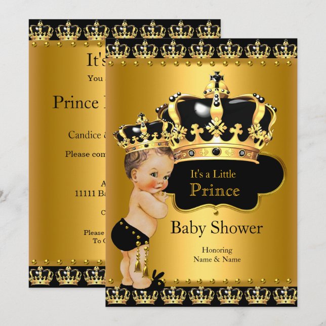 Invitación Chico Real Bebé Cumpleaños Negro Oro Moreno (Anverso / Reverso)