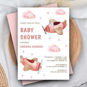Invitación Chico Retro Vintage Aviones Rosados Shower de Bebé