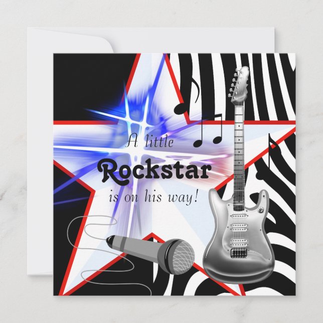 Invitación Chico Rockstar Bebé con Zebra Azul y Negro Shower (Anverso)