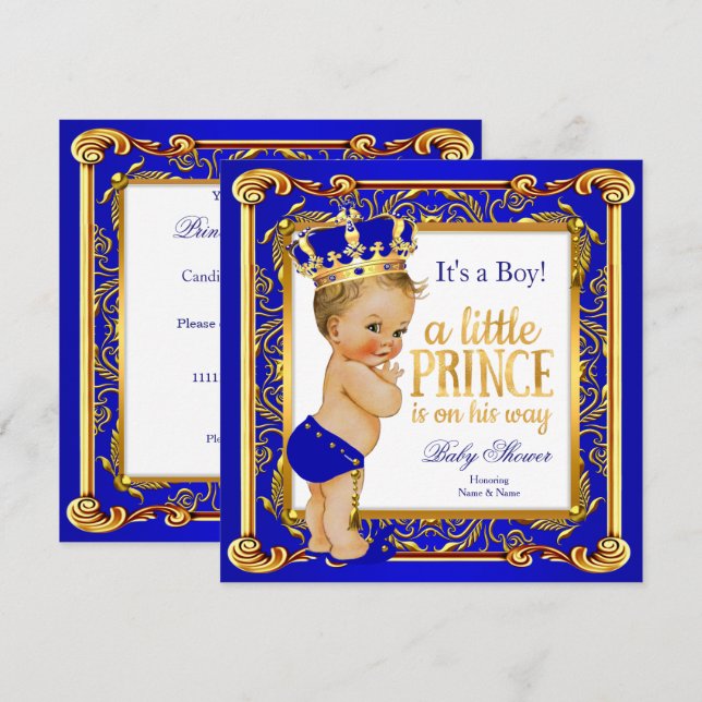Invitación Chico rubio bebé ducha damasco azul oro Príncipe (Anverso / Reverso)