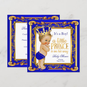 Invitación Chico rubio bebé ducha damasco azul oro Príncipe