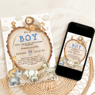 Invitación Chico Rústico Boho Safari Animales Baby Shower