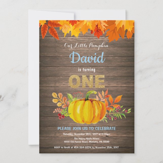 Invitación Chico Rústico Calabaza Otoño Primer Cumpleaños Dor (Anverso)