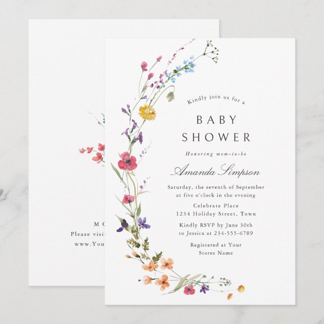 Invitación Chico Shower de Flores Silvestres Elegantes Acuare (Anverso / Reverso)