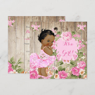 Invitación Chico Shower Rosa Floral Rústico Madera Niña Étnic