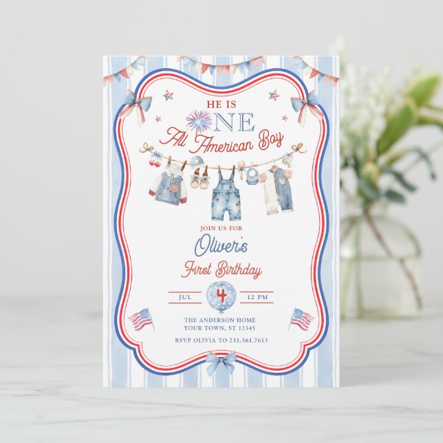 Invitación Chico totalmente americano cumple 1 (Anverso de pie)
