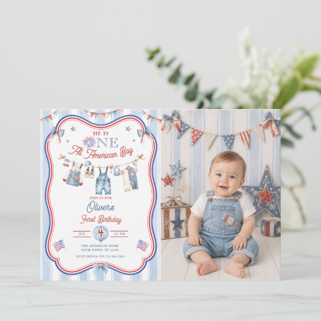 Invitación Chico totalmente americano cumpleaños 1 Foto (Anverso de pie)