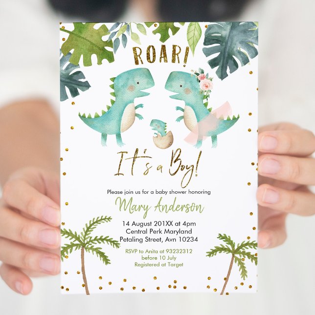 Invitación Chico tropical de ducha de pareja de dinosaurios i (Subido por el creador)