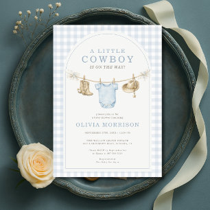 Invitación Chico Vaquero Azul Gingham Niño Baby Shower 
