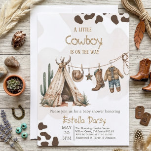 Invitación Chico vaquero baño de bebé rústico western acuarel