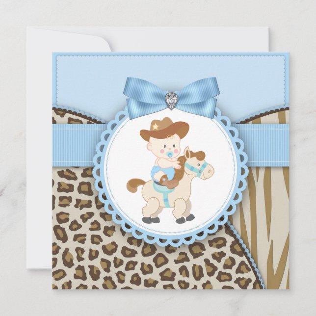 Invitación Chico Vaquero Bebé Azul y Marrón Baby Shower (Anverso)