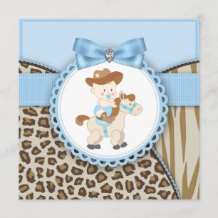 Invitación Chico Vaquero Bebé Azul y Marrón Baby Shower