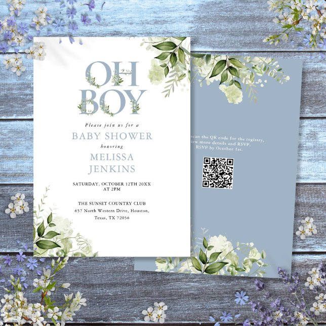 Invitación Chico Verde Polvo Código QR Baby Shower (Oh Boy Greenery Dusty Blue QR Code Baby Shower Invitation)