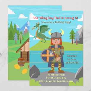 Invitación Chico vikingo guerrero y dragón Fiesta de Cumpleañ