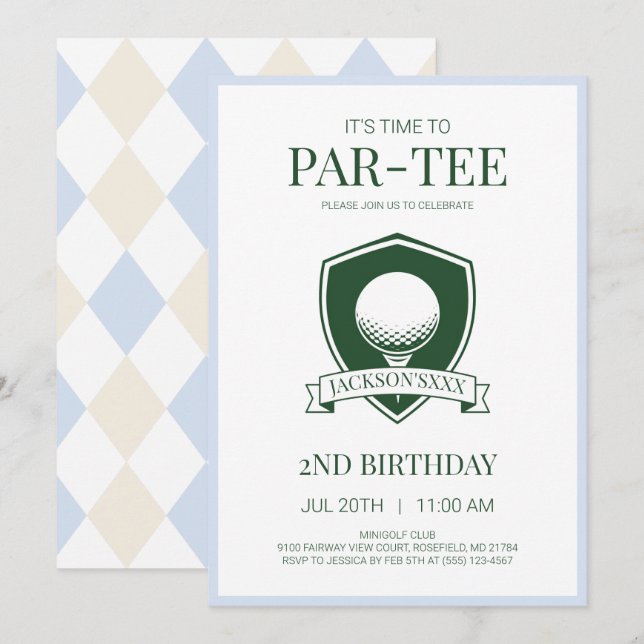 Invitación Chicos Azul Hora de Par-Tee Golf Fiesta de Cumplea (Anverso / Reverso)