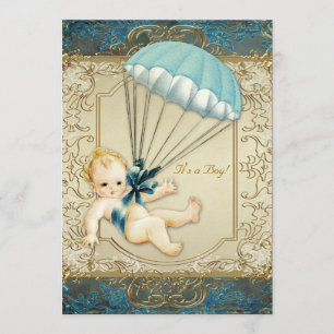 Invitación Chicos Azul Turquesa y Dorado Baby Shower Vintage