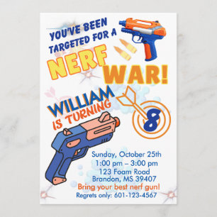 Invitación Chicos Blue Orange BD Party- Guerra de Nerf 8 cump