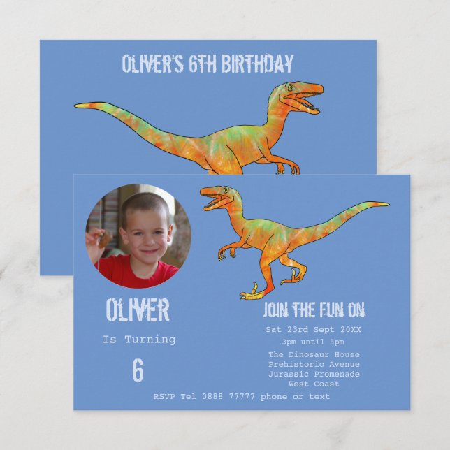 Invitación Chicos Dinosaurio Velociraptor Fiesta de Cumpleaño (Anverso / Reverso)