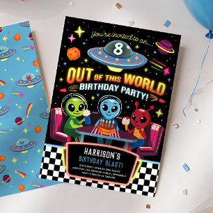 Invitación Chicos Fuera De Este Mundo Cumpleaños Neon Espacia