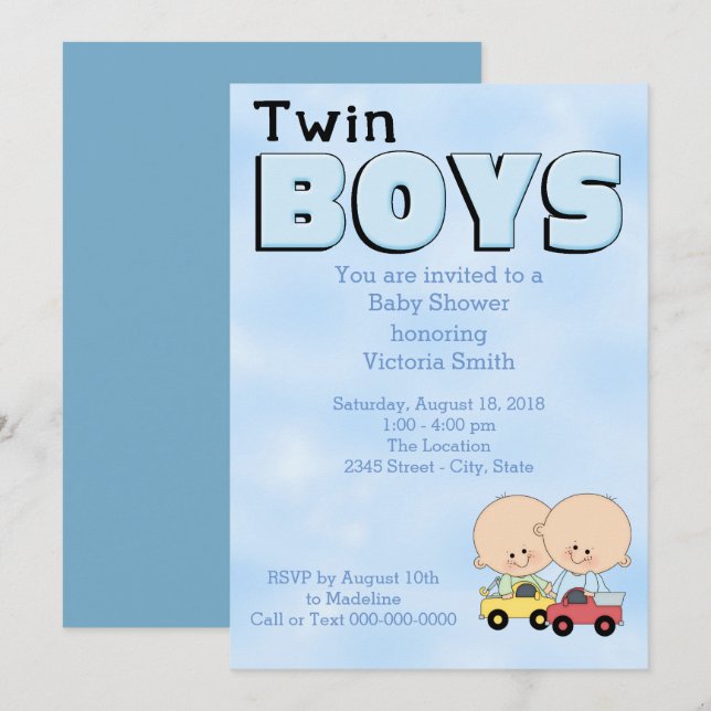 Invitación Chicos gemelos Baby Shower (Anverso / Reverso)