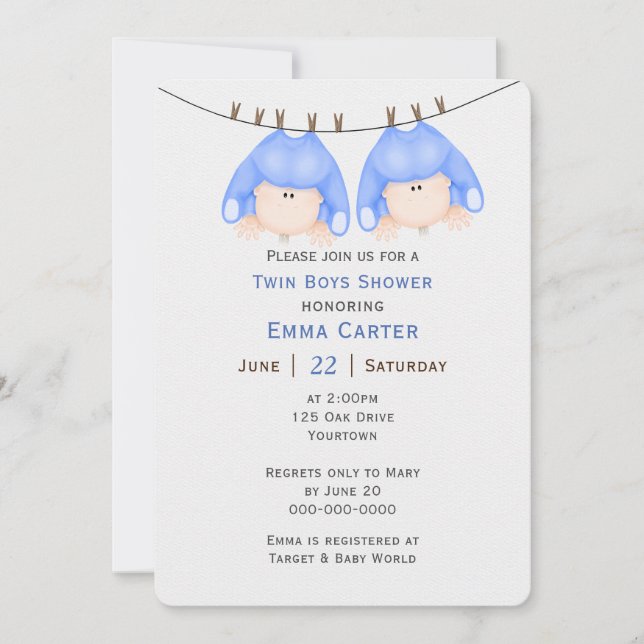 Invitación Chicos Gemelos En Clothesline Baby Shower (Anverso)