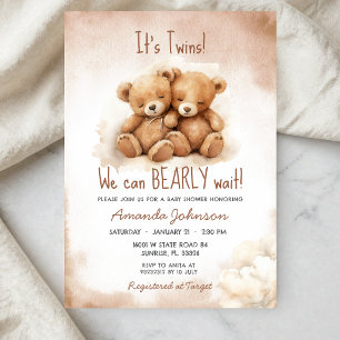 Invitación ChicoS Gemelos Oso Marrón Baby Shower 