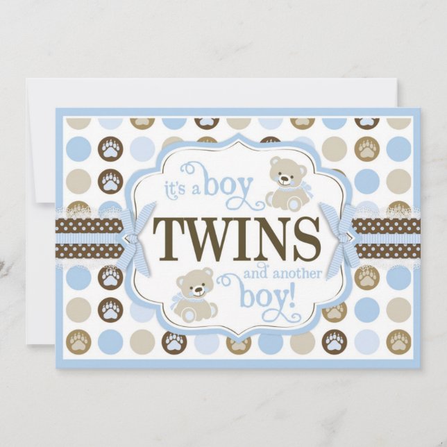 Invitación Chicos gemelos Teddy osos Baby Shower Blue (Anverso)