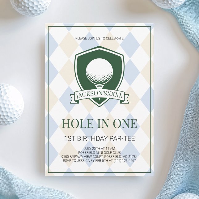Invitación Chicos Golf Blue Agujero en Uno Fiesta de Cumpleañ (Boys Blue Golf Hole in One 1st Birthday Party Invitation)