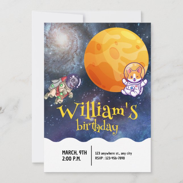 Invitación Chicos Moderno Galaxy Astronauta Perro Cumpleaños  (Anverso)