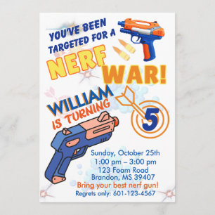 Invitación Chicos Naranja Azul Fiesta BD - Guerra de Nerf 5to